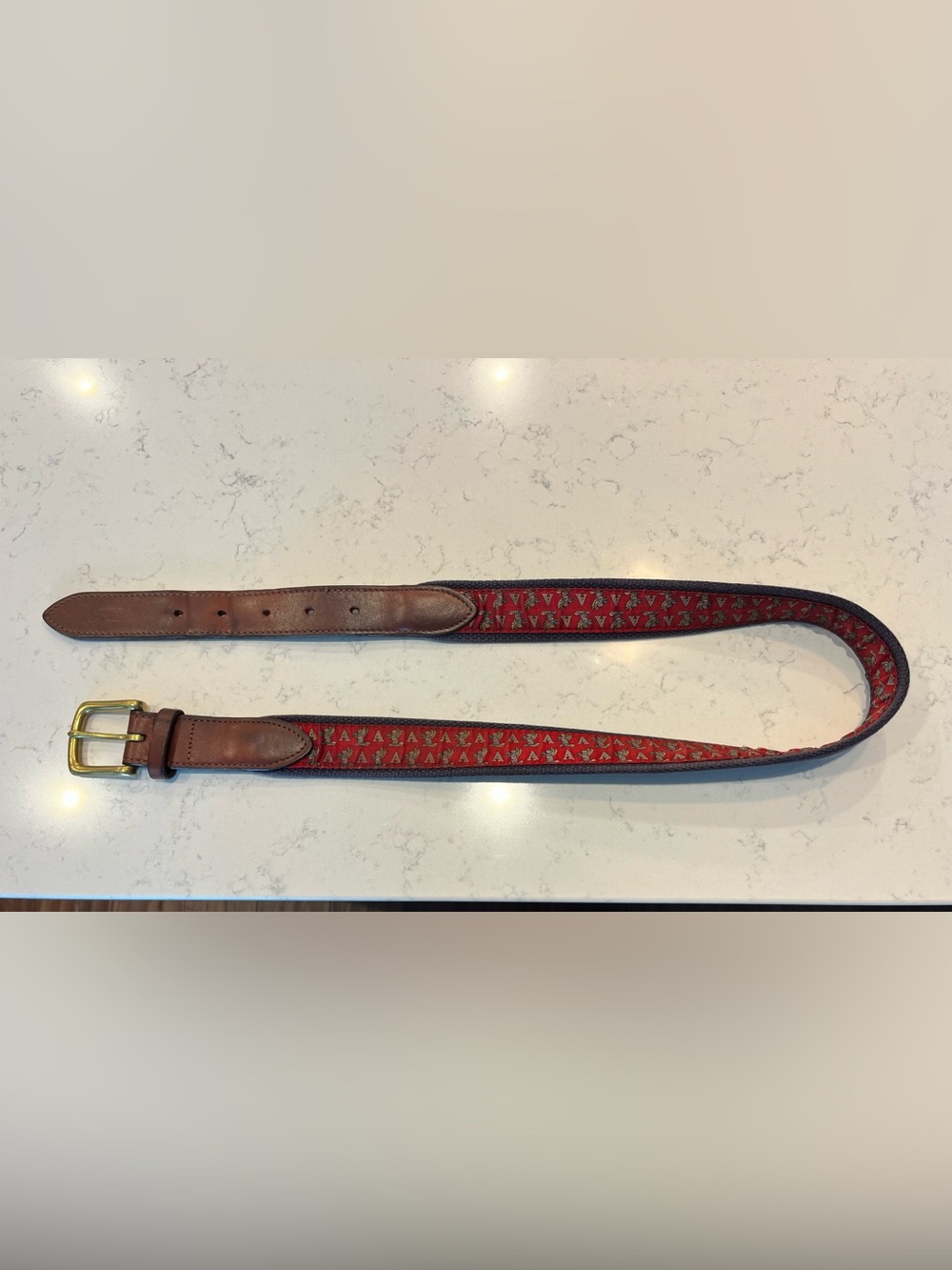Vineyard Vines Red Patterned Belt with Brown Leather Trim